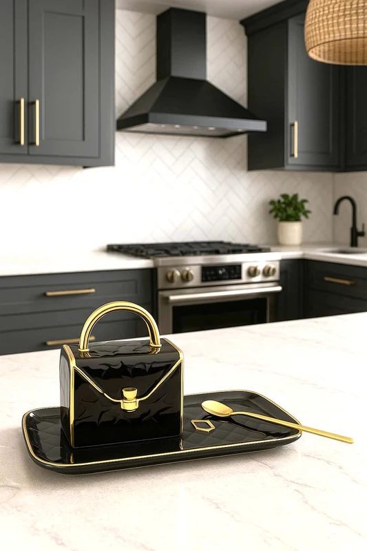 סט כולל כוס כפית וצלחת בצבע שחור זהב