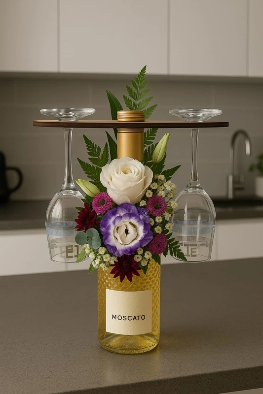 בקבוק יין מוסקטו לבן מעמד לכוסות שתי כוסות וסידור פרחים על הבקבוק