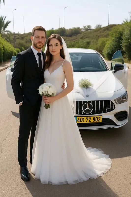 השכרת רכב לכול מטרה מרסדס AMG CLA כולל נהגת או נהג לבחירה +קישוט לרכב+זר כלה