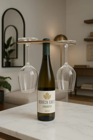 מעמד עץ לכוסות שתי כוסות ובקבוק יין דרך ארץ